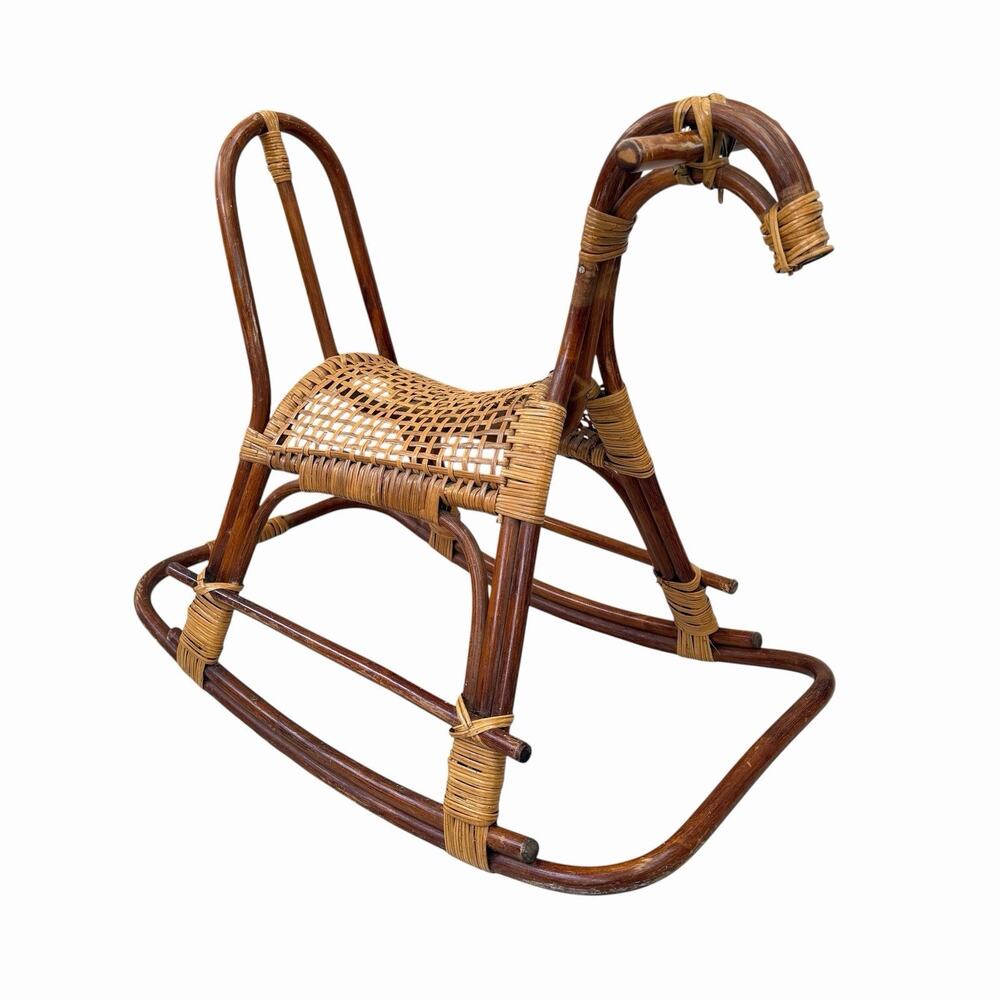 MCM Rattan & Bamboo Rocking Horse Vintage 60's Sculptural Furniture Albini